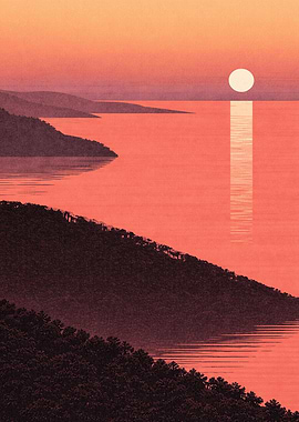 Sunset Over Water with Coastal Hills