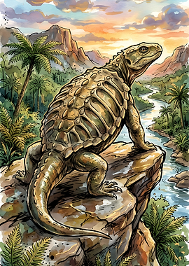 Dinosaur on a cliff overlooking a river