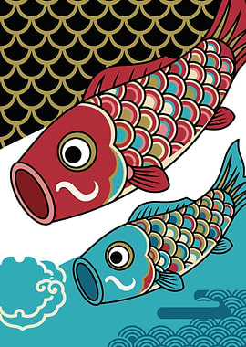 Two Koi Fish with Japanese Scallop Pattern