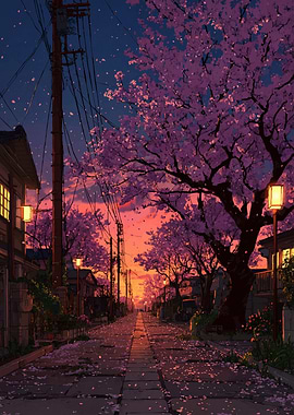 Anime Street at Sunset with Cherry Blossoms