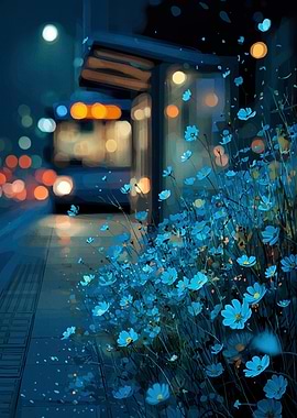 Night Bus Stop with Blue Flowers