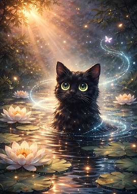 Magical Black Cat in Lotus Pond