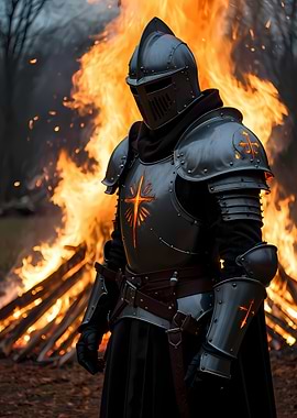 Knight in front of a bonfire