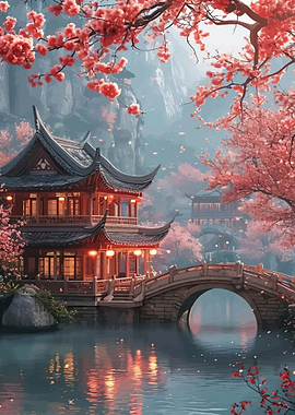 Serene Japanese Garden with Cherry Blossoms