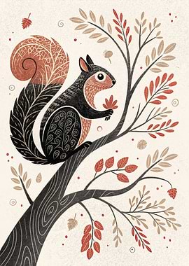 Stylized Squirrel in Autumn Tree