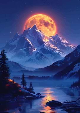 Majestic Mountain Landscape Full Moon