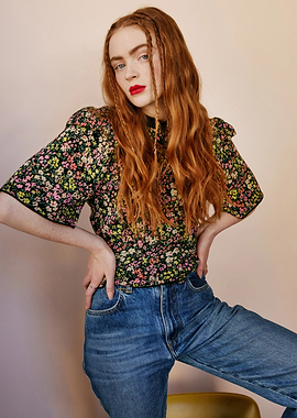 Sadie Sink in Floral Top and Jeans
