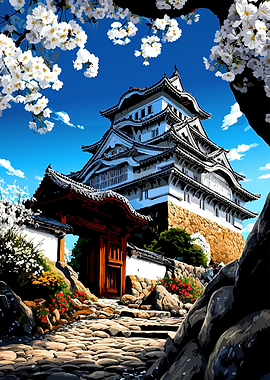 Japanese Castle with Cherry Blossoms