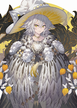 Anime Witch with Feathered Robes and Masks