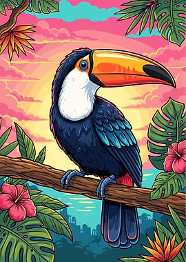 Tropical Toucan on a Branch at Sunset – Colorful Jungle Bird Poster
