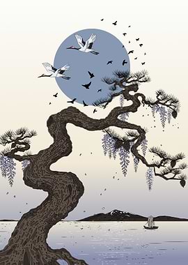 Japanese Cranes and Pine Tree