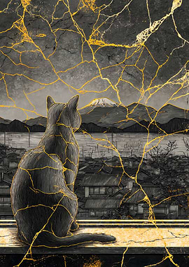 Cat At Mount Fuji Kintsugi