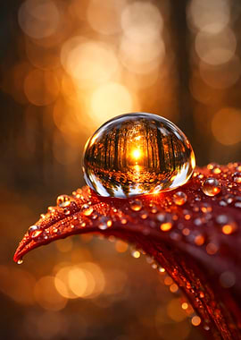 Water droplet on a red leaf reflecting a forest sunset