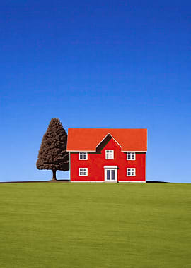 Red House and Tree on Green Hill
