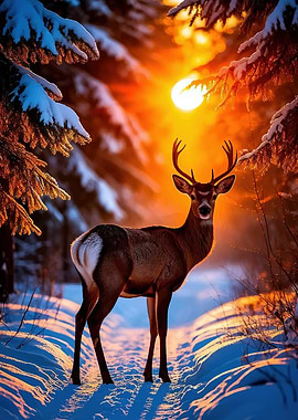 Deer in a Snowy Forest at Sunset