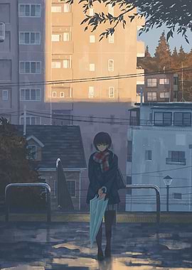 Girl with Umbrella in Rainy City