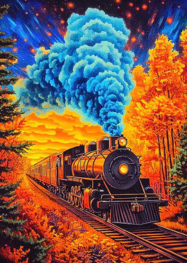 Steampunk Train in Autumn Sky