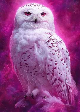 Snowy Owl with Pink Nebula Background