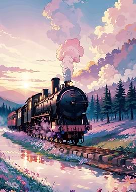 Vintage Train in a Floral Landscape