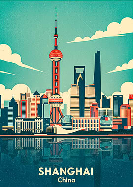 Shanghai Skyline Vintage Poster