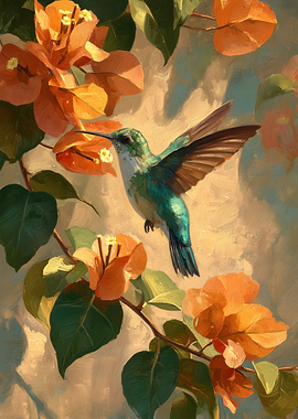 Hummingbird and Orange Bougainvillea