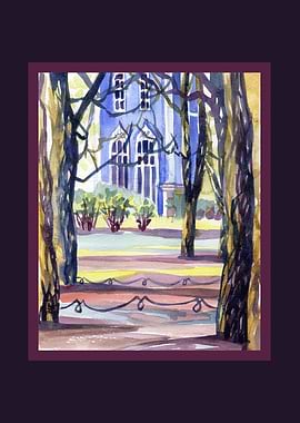 Watercolor Painting of a Tree Alley and Building