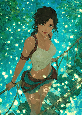 Adventurous woman on a rope bridge