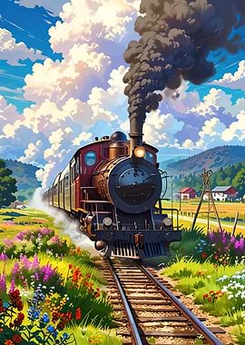 Steam Train in a Floral Landscape