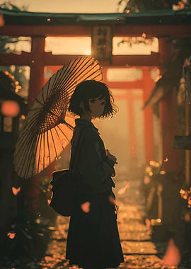 Anime Girl with Umbrella at Shrine
