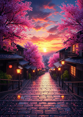 Rainy Japanese Street with Cherry Blossoms