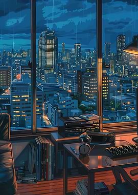 Rainy Night Cityscape from Apartment Window
