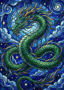 Stained Glass Dragon in Starry Sky