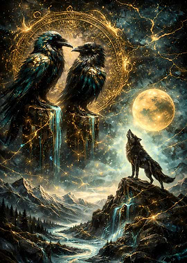 Mystical Ravens and Wolf Under the Moon