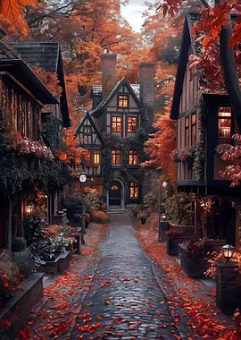 Autumnal Village Street Scene