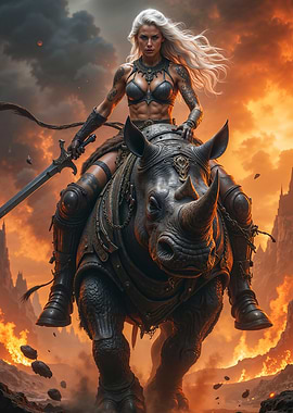 Warrior Woman Riding Armored Rhinoceros