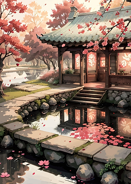 Japanese Garden with Pagoda Cherry Blossoms