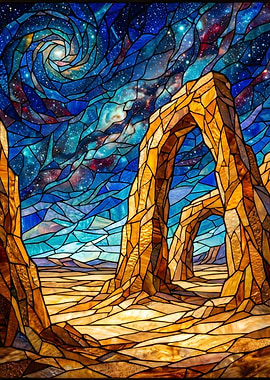 Stained Glass Desert Archway Under Starry Sky
