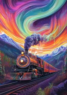 Train Under Aurora Borealis Sky