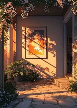 Sunset Courtyard with Artwork