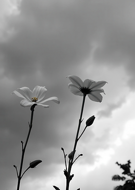 Two Cosmos Flowers Against Cloudy Sky
