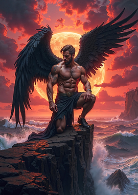 Fallen Angel on Cliff Overlooking Ocean