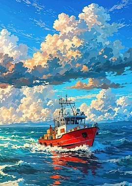 Red fishing boat on choppy seas