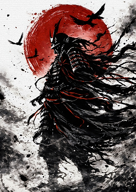 Samurai Warrior with Red Sun and Birds