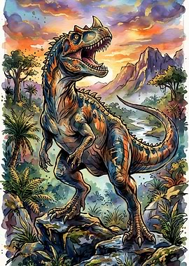 Roaring Carnotaurus Dinosaur in Prehistoric Landscape
