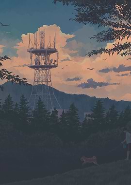 Boy and dog with radio tower at sunset