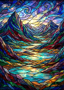 Stained Glass Mountain Landscape