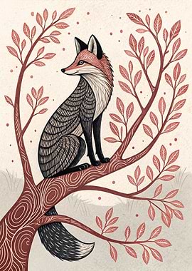 Stylized Fox Sitting on a Tree Branch