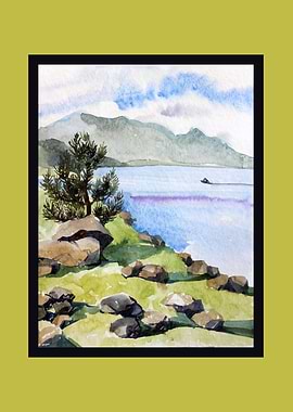 Watercolor Landscape of a Rocky Shoreline