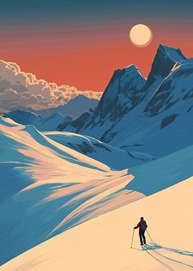 Skier in Snowy Mountains at Sunset