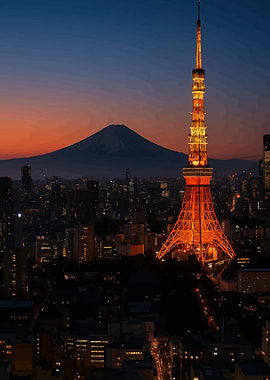 Tokyo Tower and Mount Fuji at Dusk